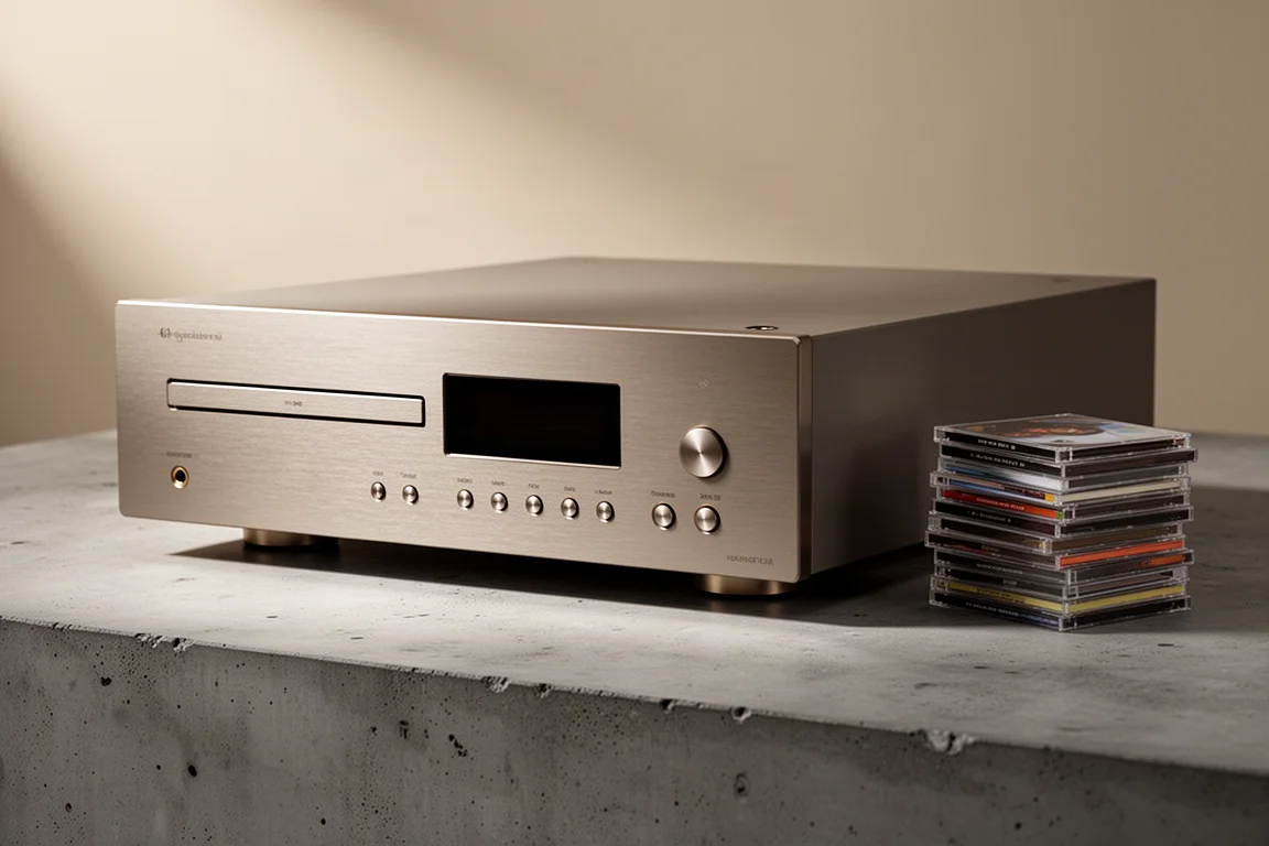 Emotiva ERC-4 CD player on a concrete surface beside a stack of compact discs