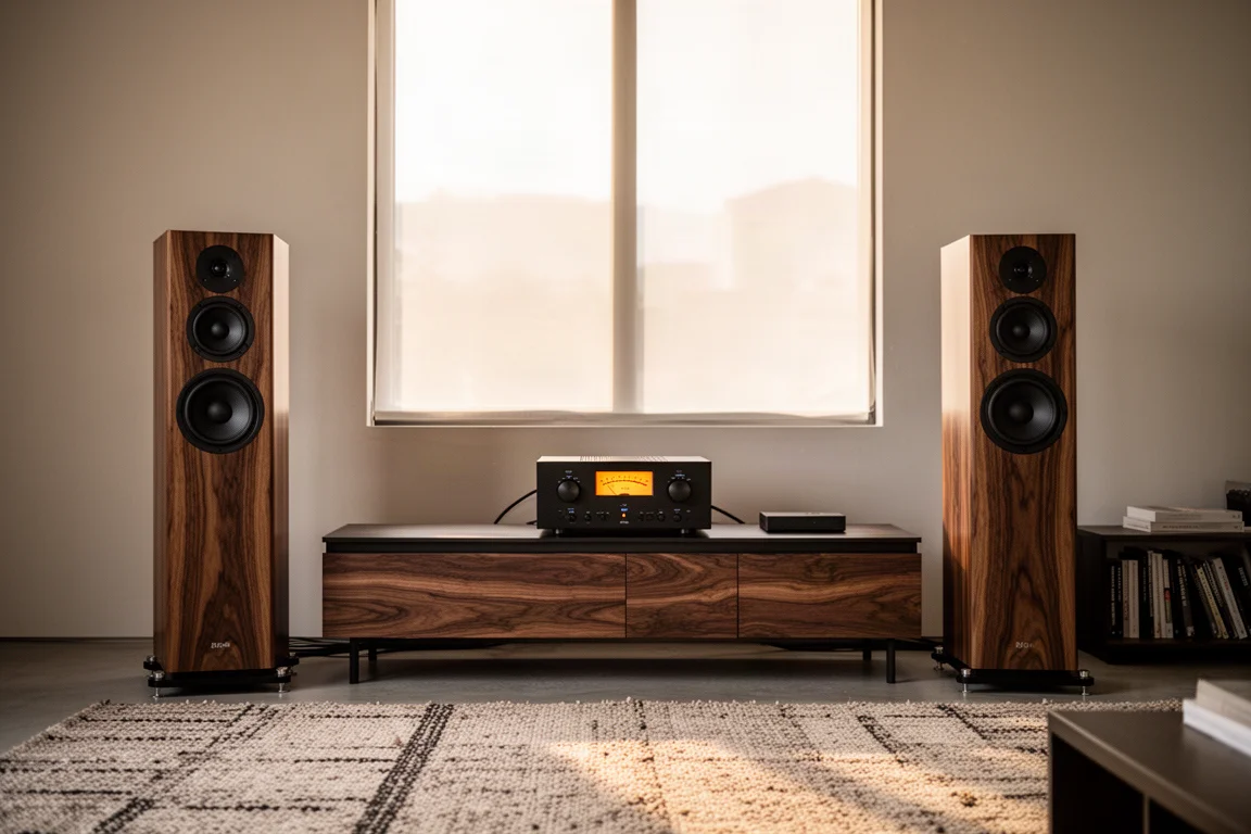 Hi-fi-uppställning i vardagsrum med två höga högtalare i träfaner på var sida om en låg bänk
