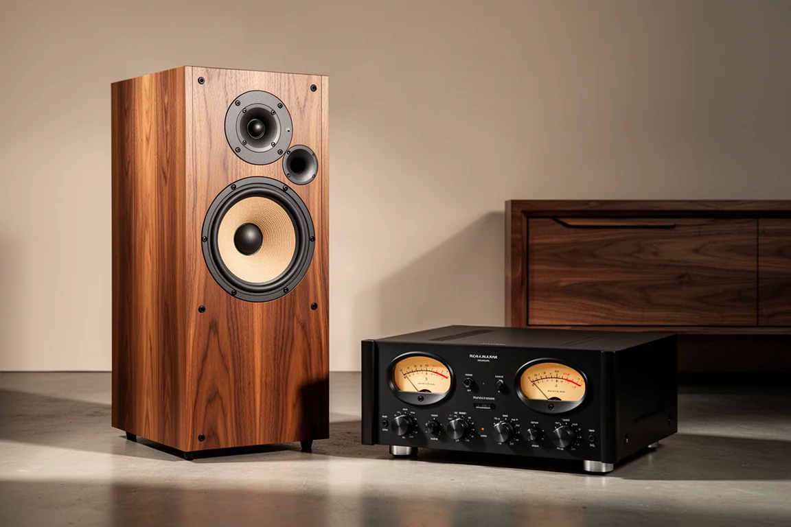 Wood-veneered floorstanding speaker and black integrated amplifier with VU meters in a studio setting