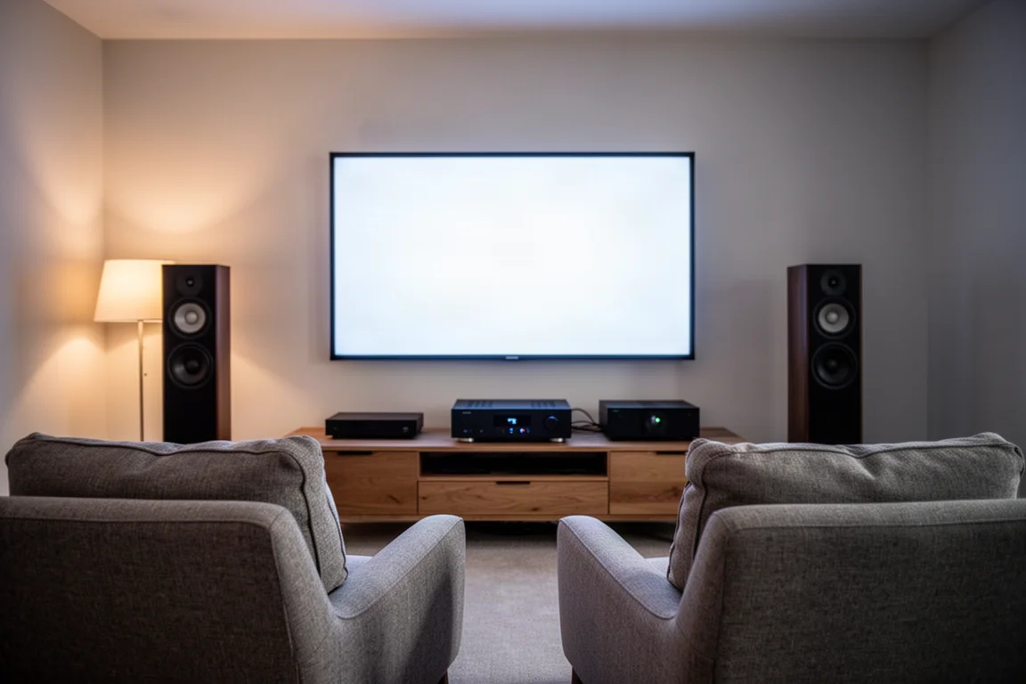 Sistema home theater in soggiorno con un grande ricevitore in un mobile basso e diffusori da pavimento