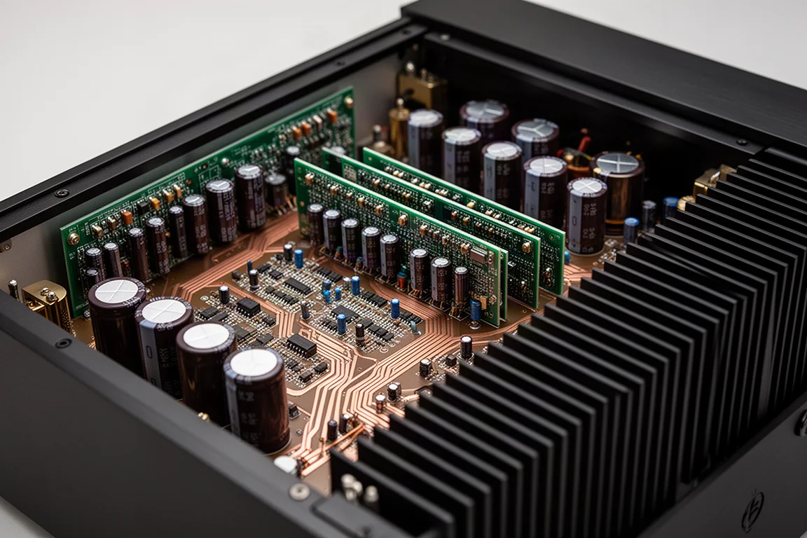 Primo piano di un grande trasformatore toroidale con avvolgimenti in rame all'interno di un telaio amplificatore