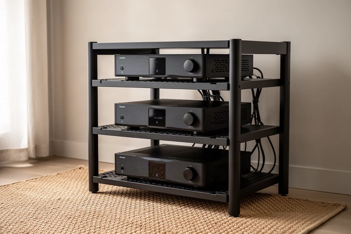 Stanza home theater in penombra di notte con bagliore dello schermo e diffusori surround su supporti