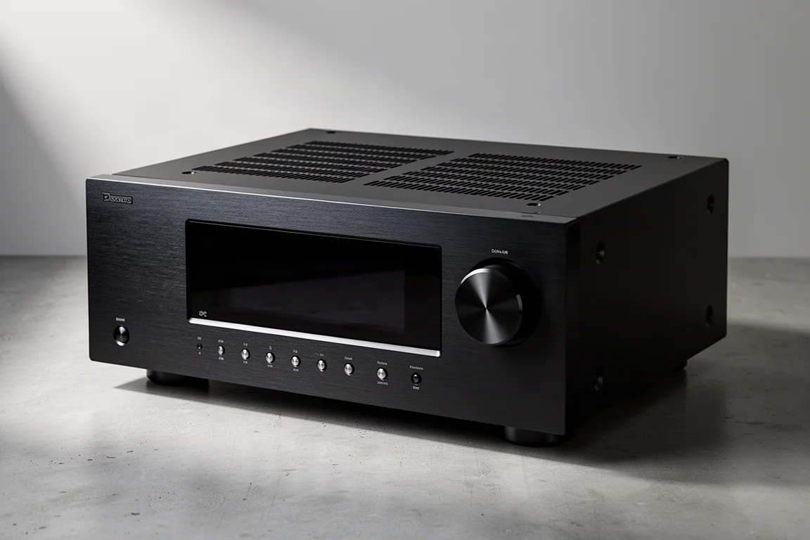 Large black AV receiver with brushed metal faceplate photographed on a matte concrete surface