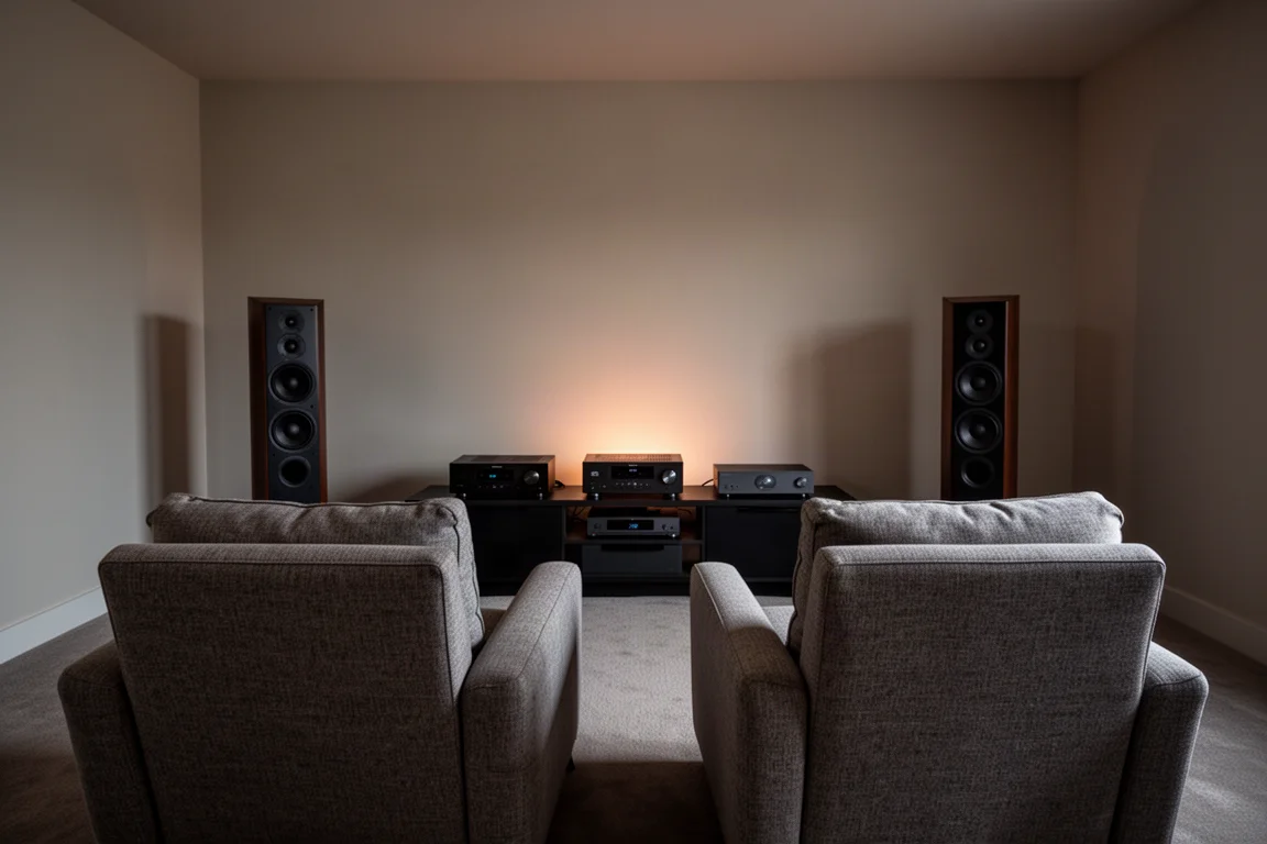 Sala de home theater com caixas torre e prateleira de receiver em luz baixa