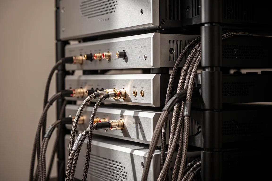 Rack de componentes de home theater com cabos de caixa e chassis de amplificador