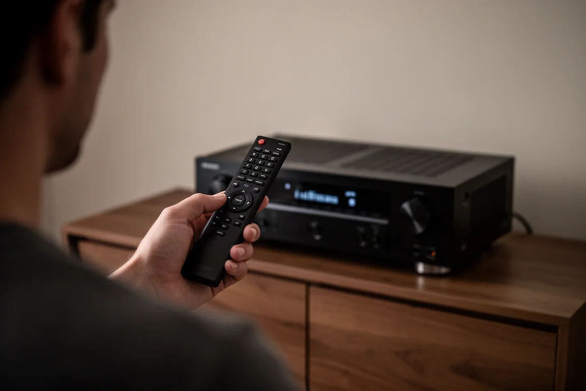Mão segurando um controle remoto apontado para o display de um receiver de home theater