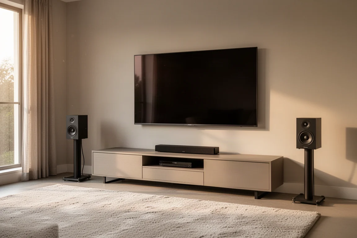 Home theater na sala de estar com televisor grande e caixas surround