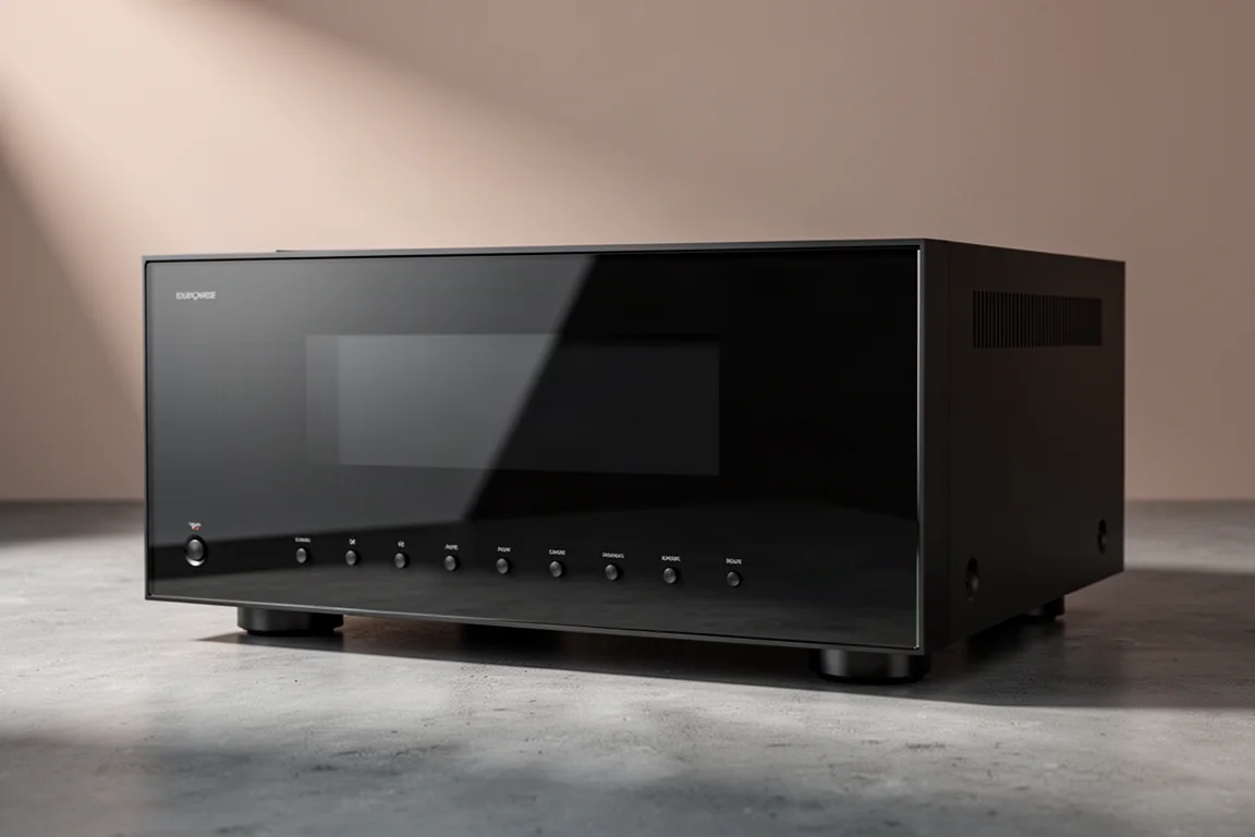 Black home theater AV receiver with glass faceplate and centered display on concrete