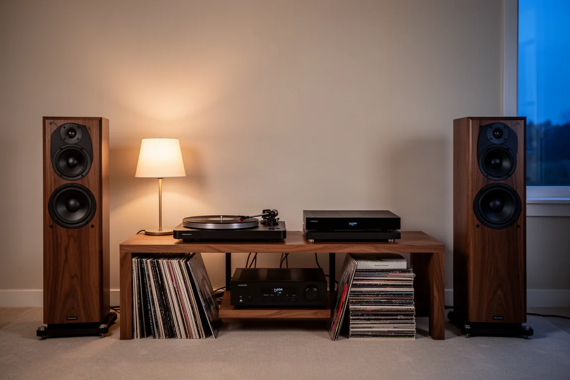 Pokój odsłuchowy o zmierzchu ze stelażem hi-fi, gramofonem i kolumnami podłogowymi