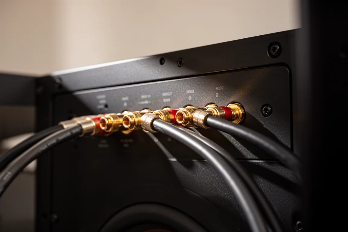 Zbliżenie na przewody RCA i kable głośnikowe za stelażem hi-fi