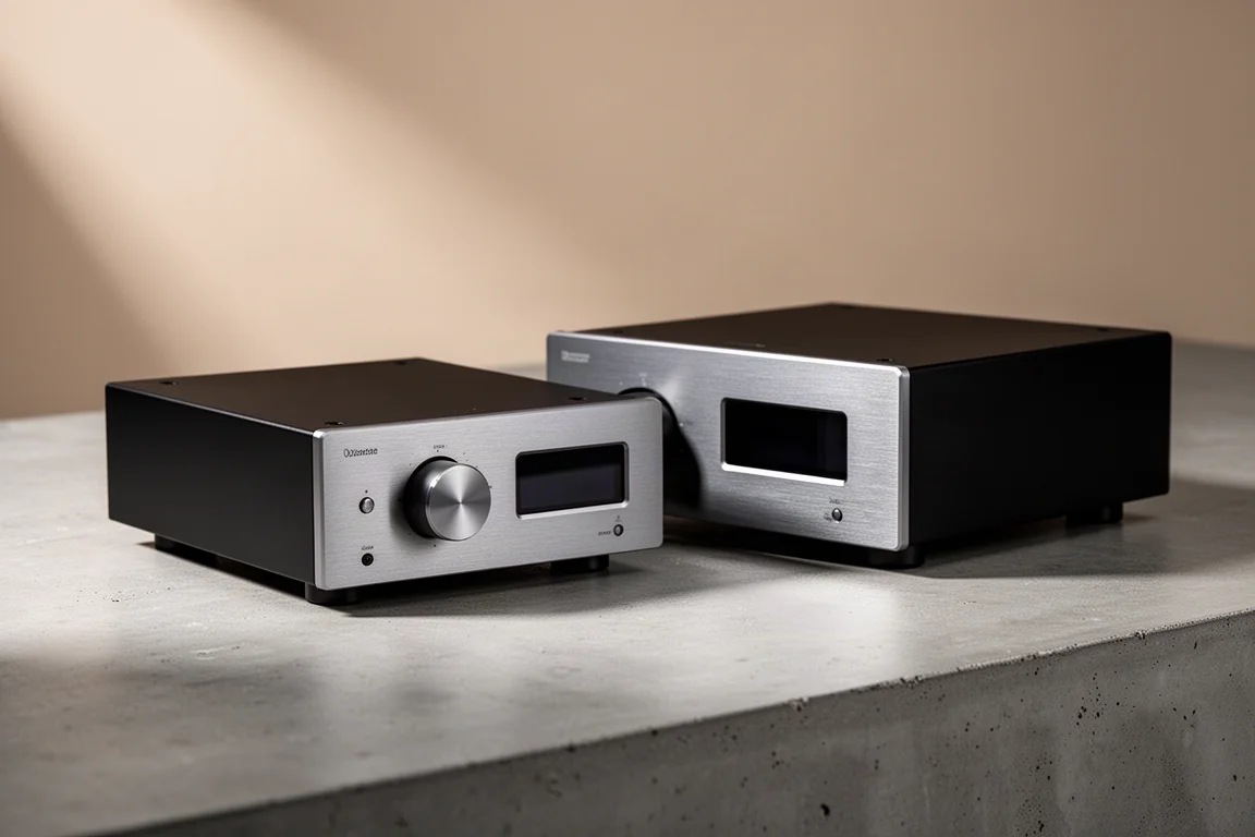 Two slim black stereo preamplifiers with brushed metal front panels on a concrete surface