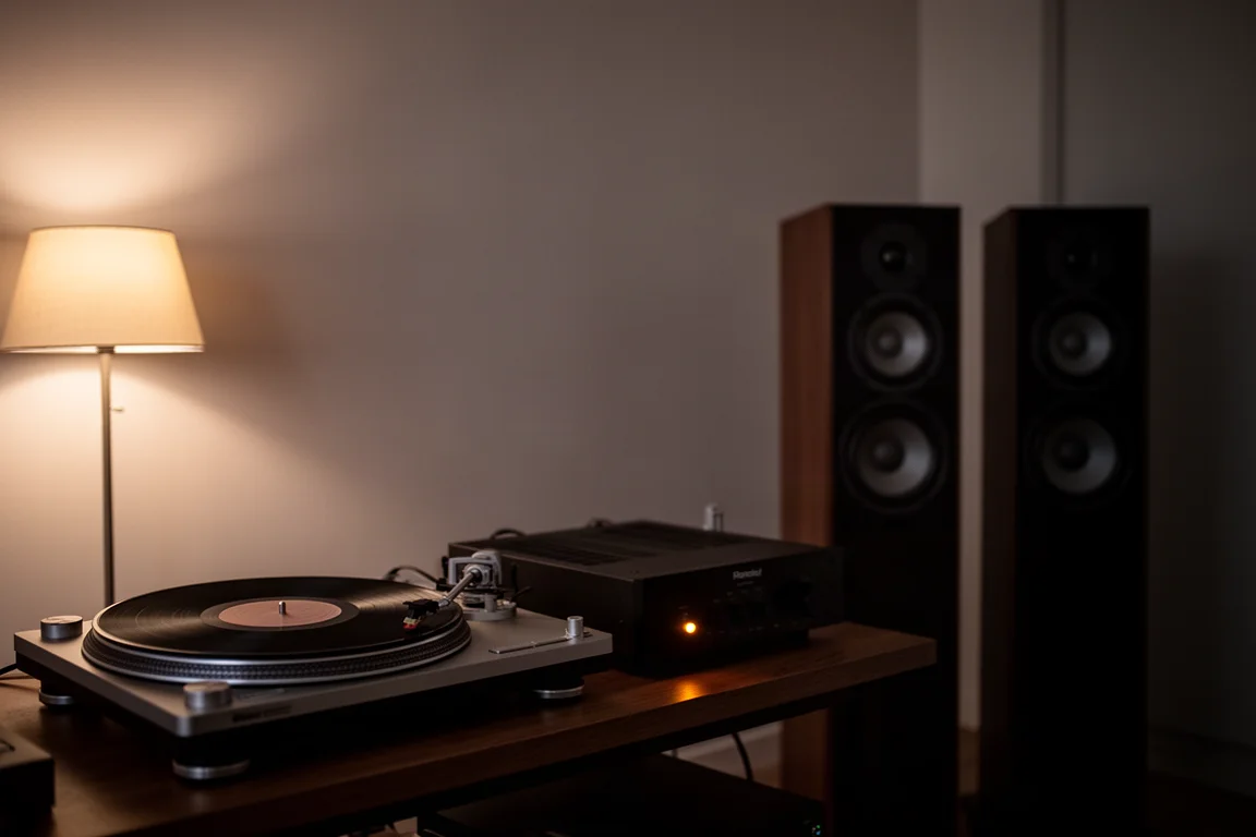 Toca-discos e amplificador tocando vinil em uma sala de audição com pouca luz à noite