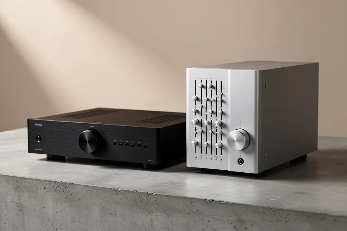 Two stereo integrated amplifiers side by side on a concrete surface, one black and one silver