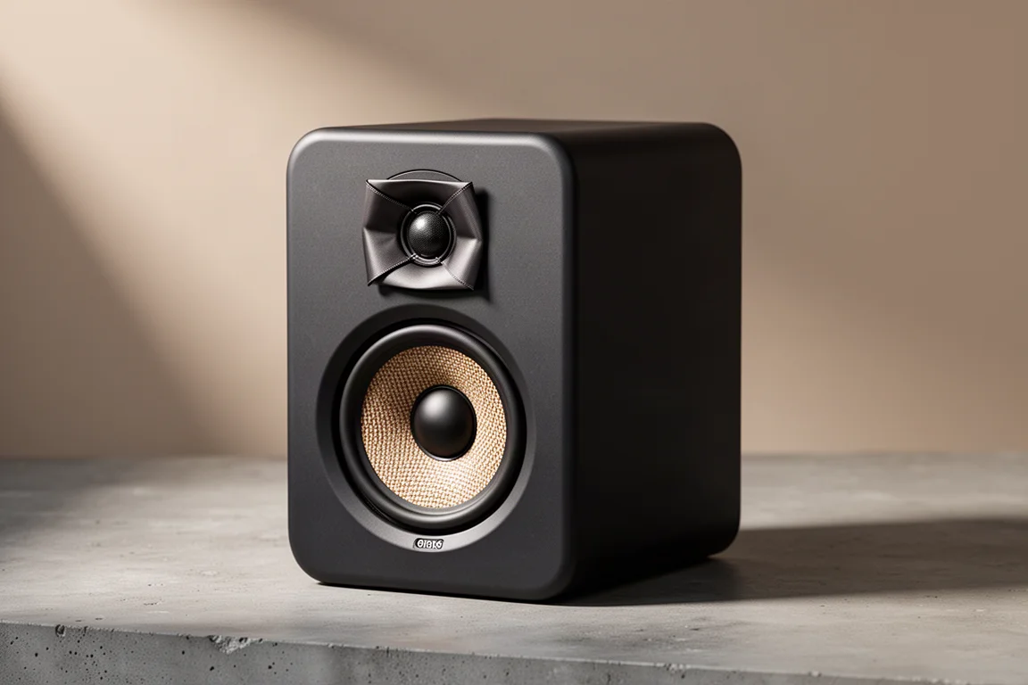 Compact dark bookshelf speaker with ribbon tweeter on a matte concrete surface