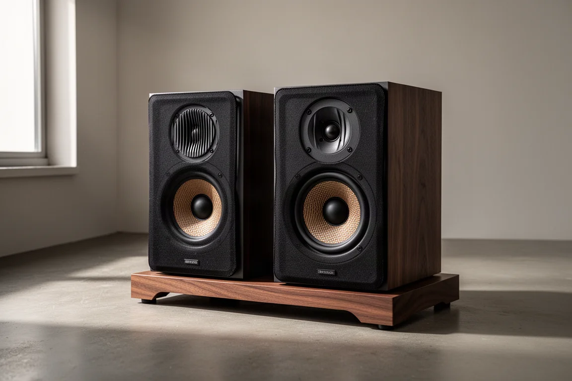 Emotiva XB2 bookshelf speaker on a wooden stand against a soft grey wall