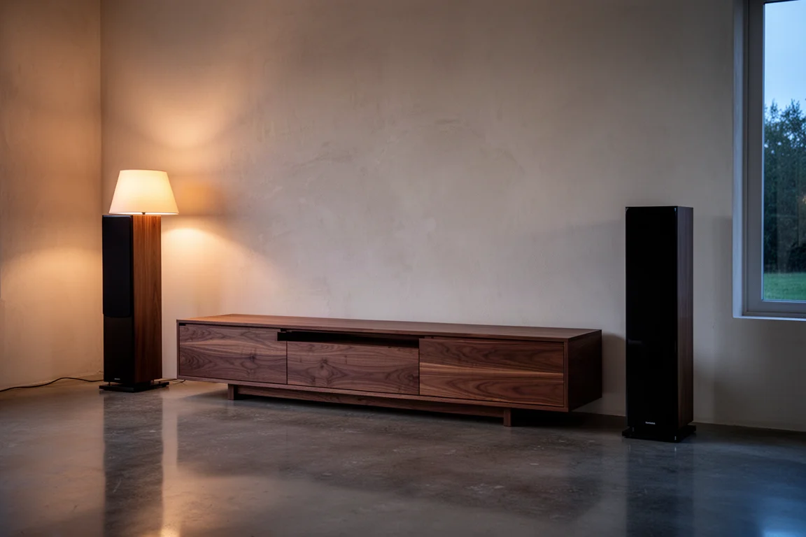 Sala de estar moderna com um alto-falante alto e fino ao lado de um rack baixo ao anoitecer
