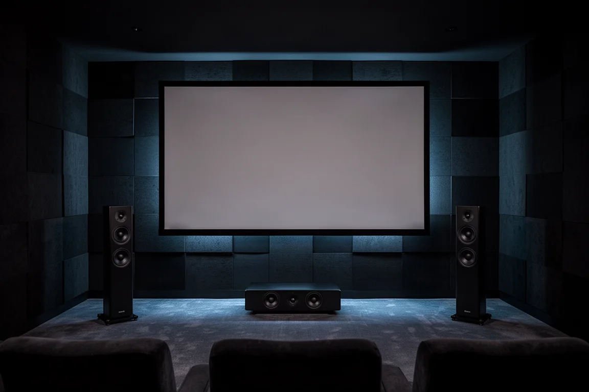 Sala de home theater com pouca luz e três alto-falantes finos idênticos na frente