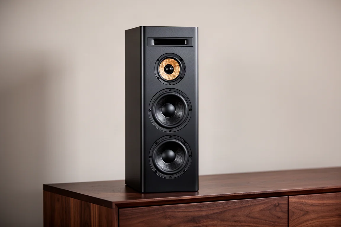 Slim black three-way speaker standing vertically on a walnut sideboard