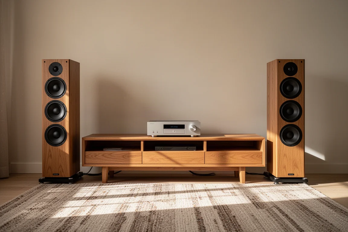 Salle d'écoute au crépuscule avec des enceintes, un rack d'équipement et des disques vinyle