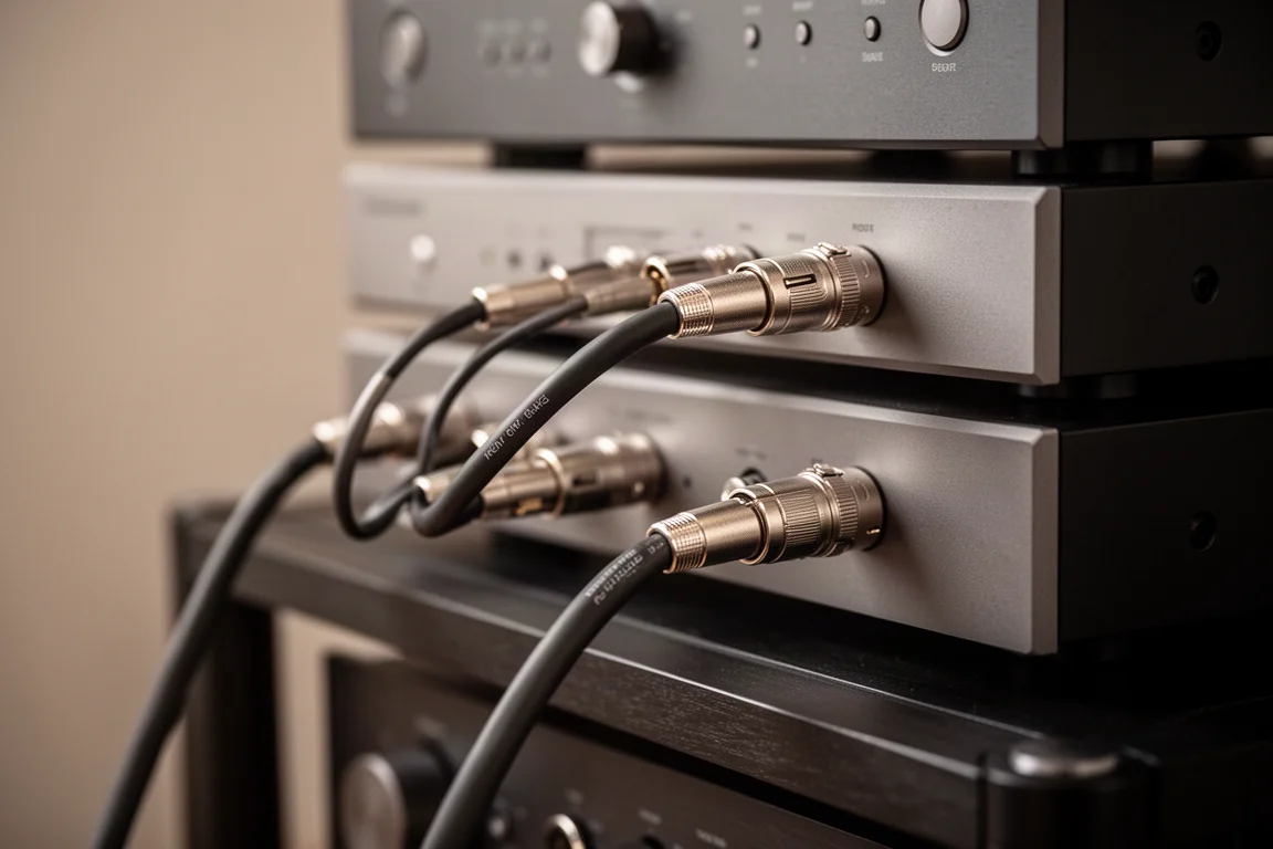 Câbles symétriques branchés sur le panneau arrière d'un composant audio fin