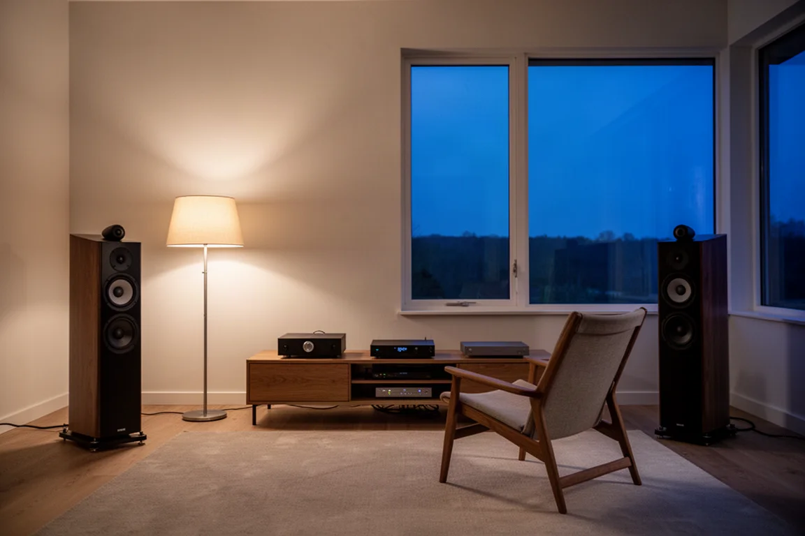 Chaîne hi-fi compacte sur une étagère basse sous un téléviseur fixé au mur
