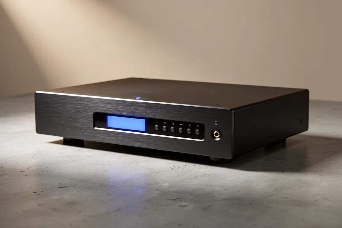 Slim matte black hi-fi converter and preamplifier on a concrete surface
