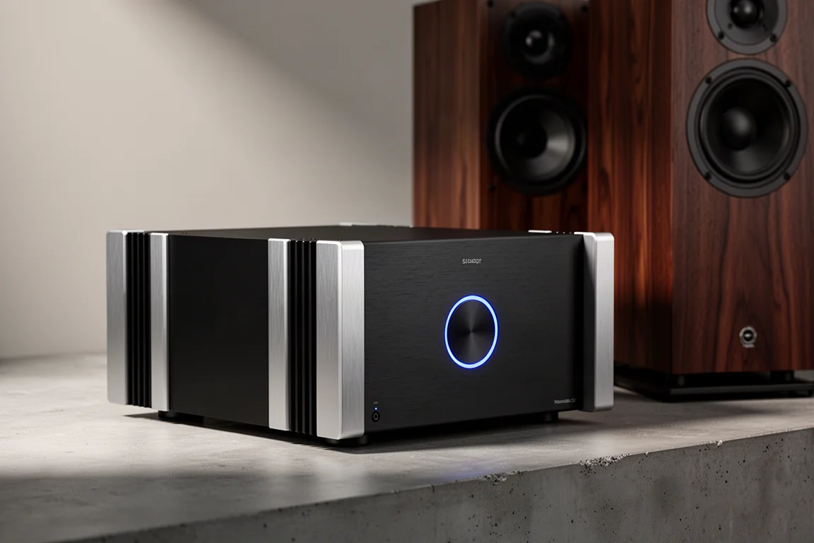 Black monoblock power amplifier on concrete beside two dark wood tower speakers