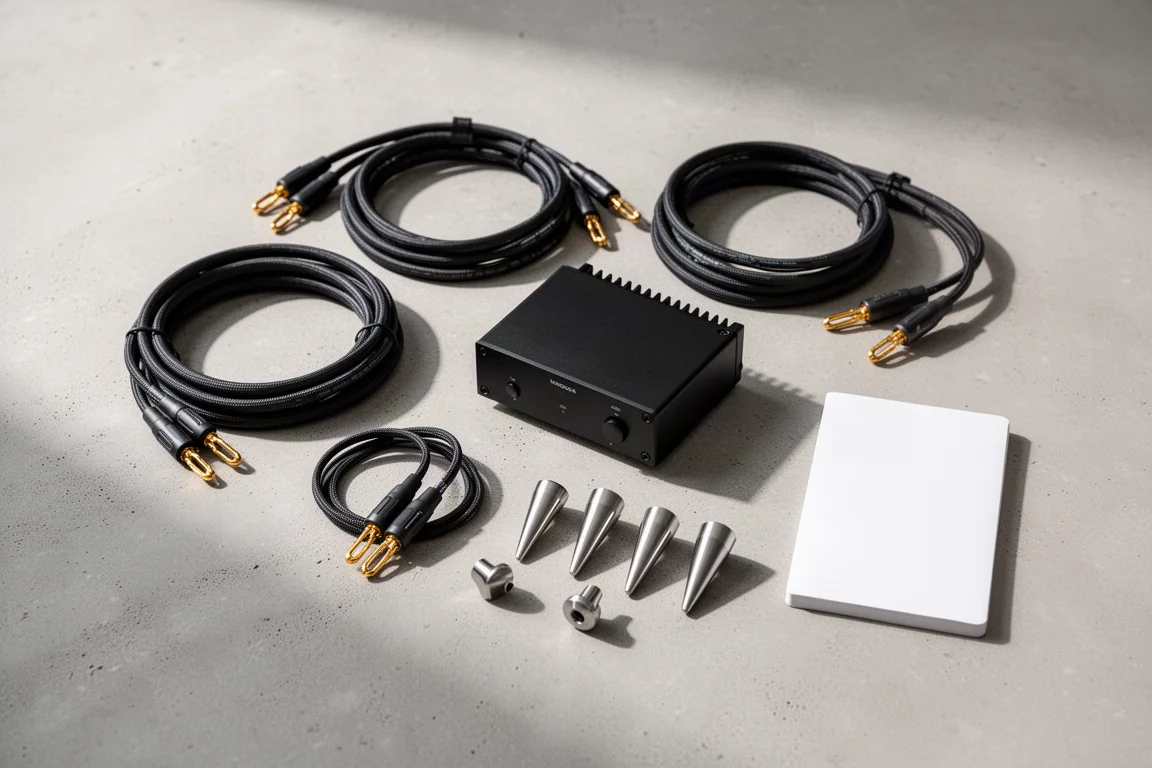 Flat-Lay von Lautsprecherkabeln, einem kompakten Monoblock-Verstärker und Metallspikes auf Beton