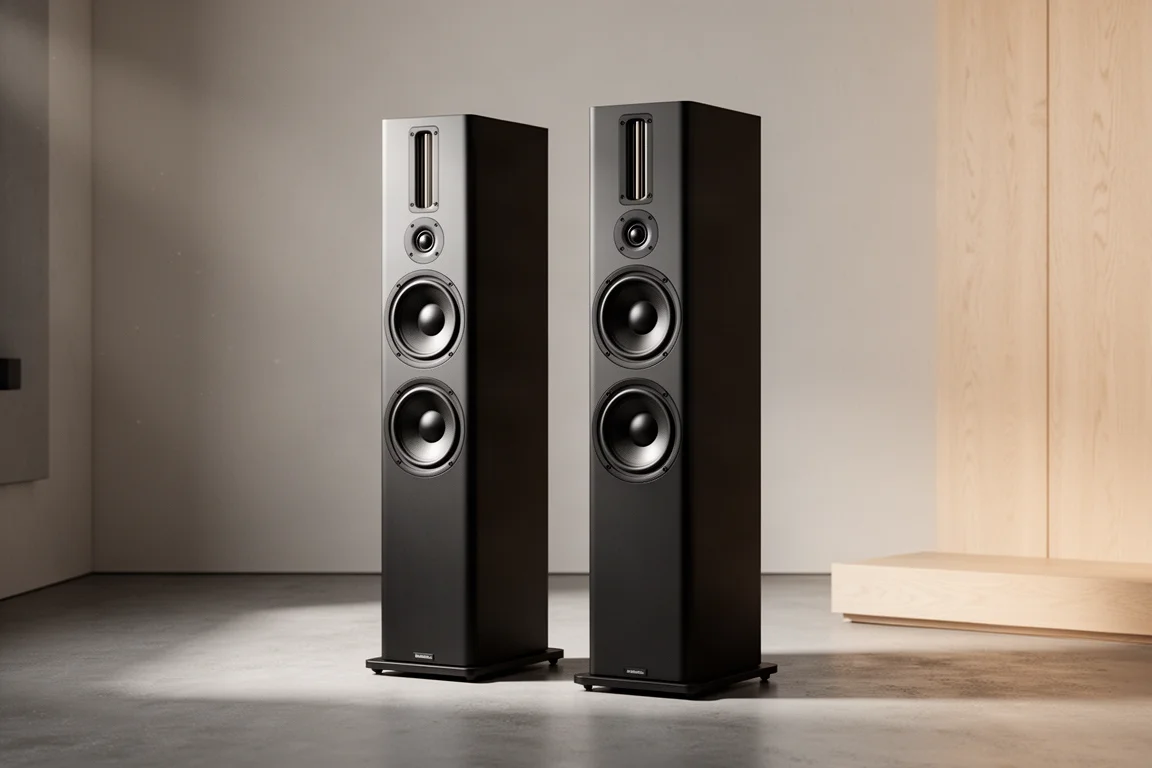 Pair of Emotiva XT1 floorstanding tower speakers in a minimal listening room