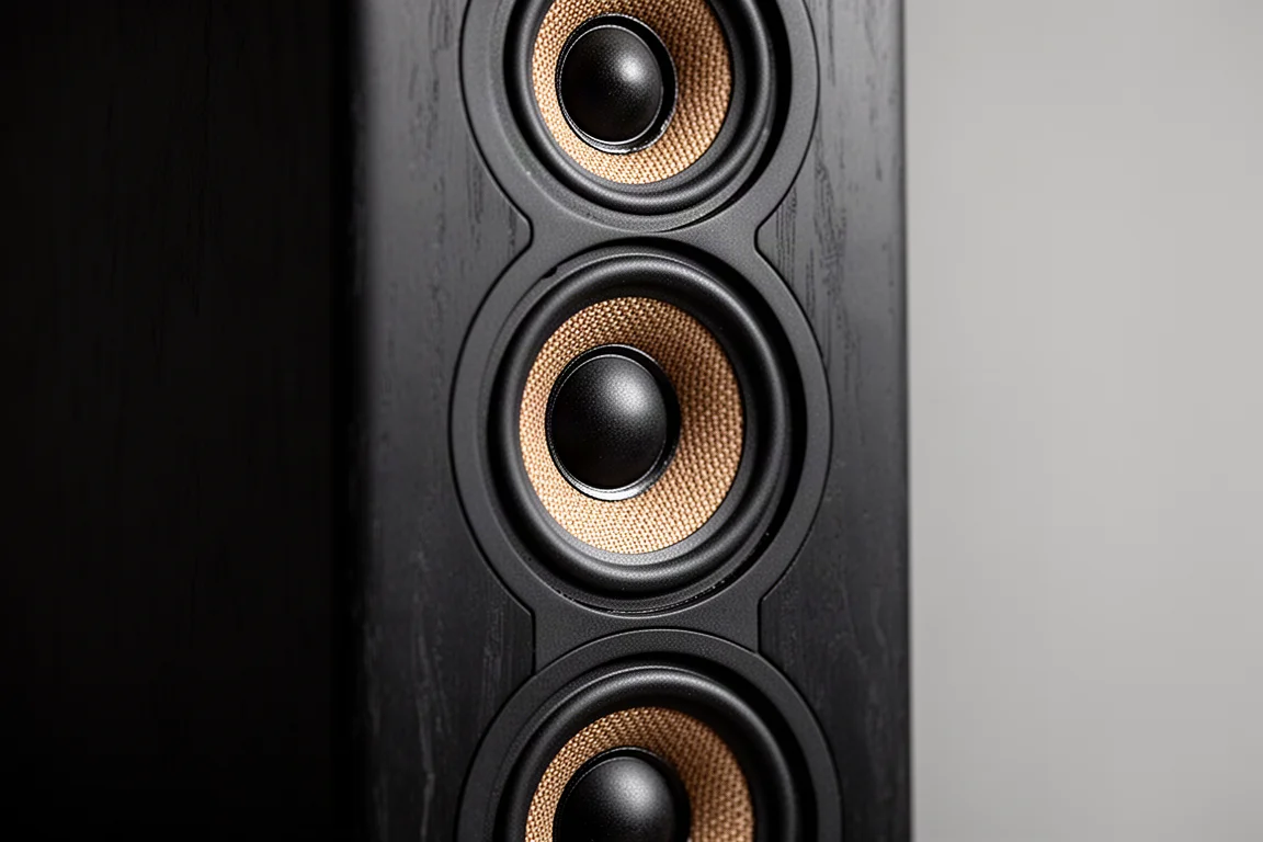 Rack hi-fi compact avec lecteur réseau fin et petit amplificateur Class D sur une étagère en noyer