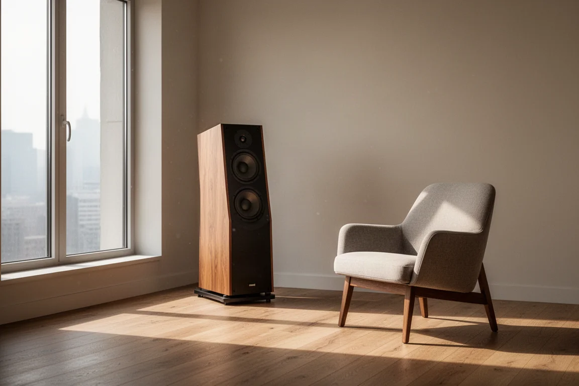 Étagère à disques à côté d'une platine vinyle avec une pochette posée sur une table d'appoint en béton