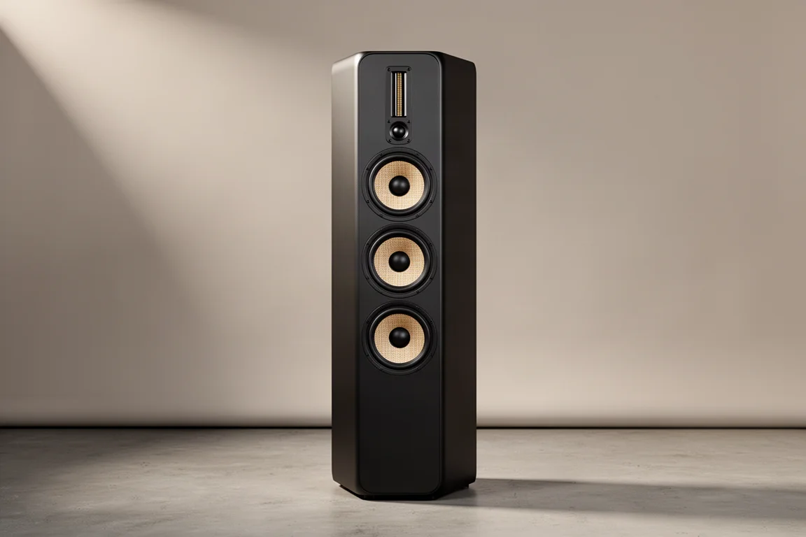 Tall matte black three-way floorstanding speaker in a minimalist living room with soft window light