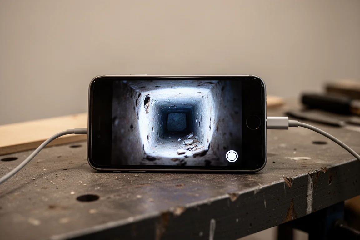 暗い空洞内の様子をライブ表示しているスマホの画面