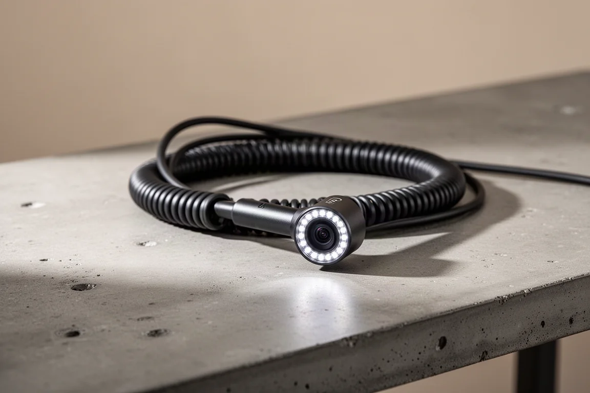 Inspection camera tip with LED ring and coiled semiflexible cable on a workbench