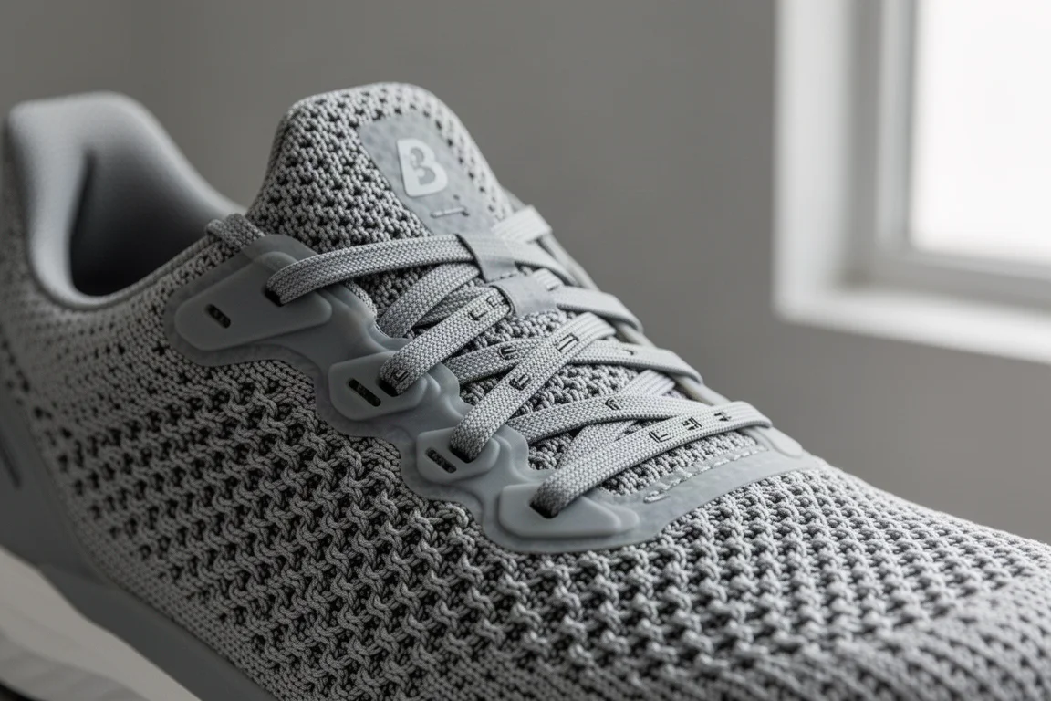Primer plano del upper de punto 3D texturizado de una zapatilla de running mostrando su estructura tejida