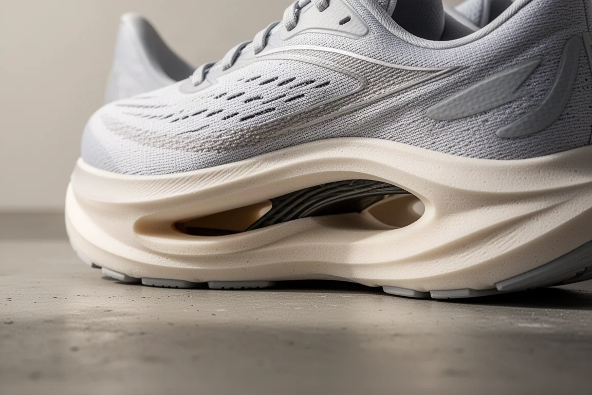 Mediasuela de una zapatilla de running con un gran vacío recortado en la zona del mediopié