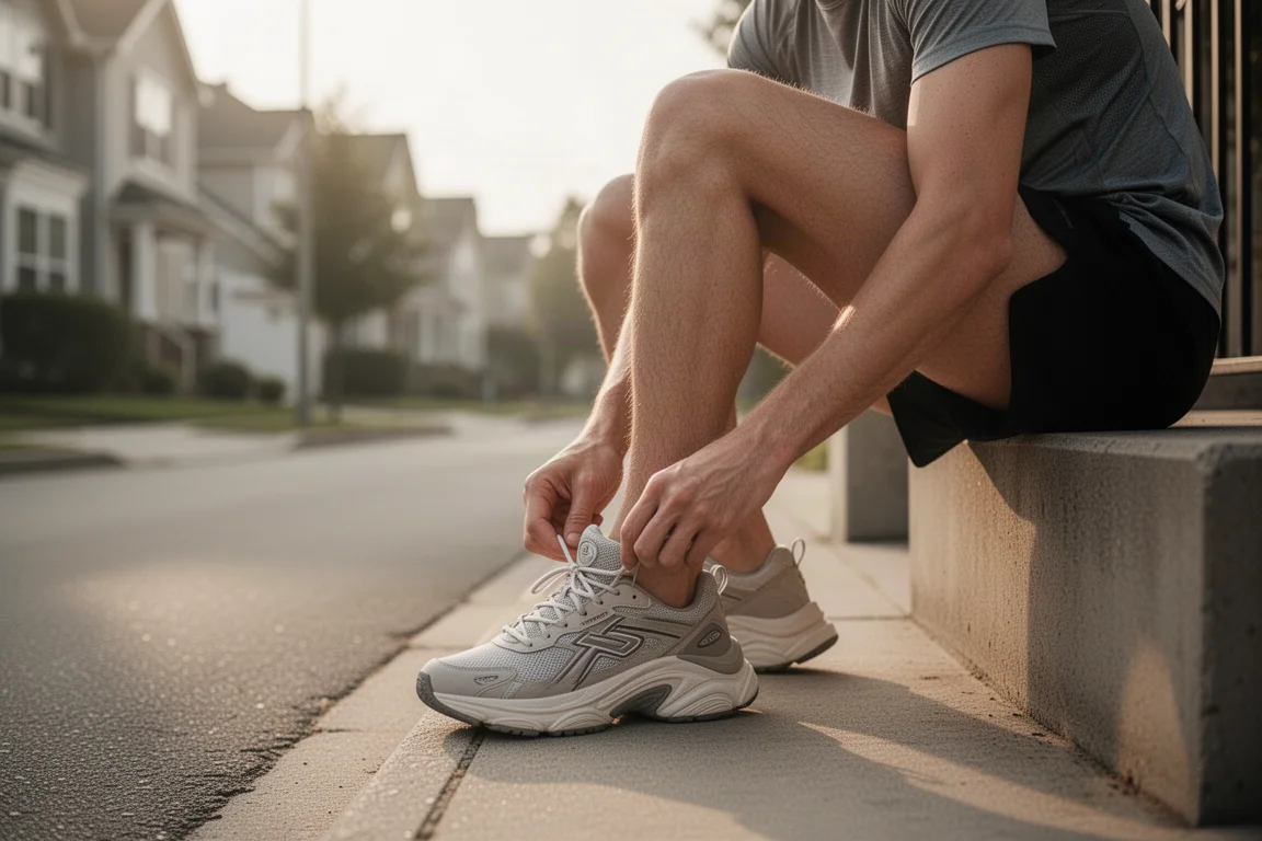 Hardloper die een hardloopschoen vetert op een stoep voor een ochtendrun