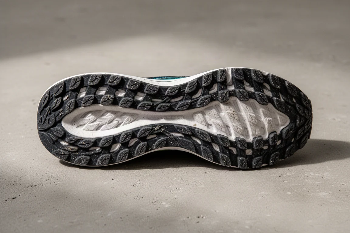 Buitenzool van een hardloopschoen met rubber profiel, rustend op beton