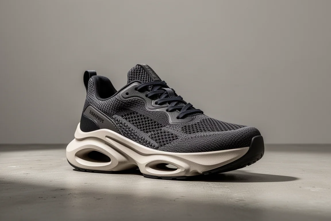 High-stack carbon-plated running shoe with hollow midsole cut-out on concrete