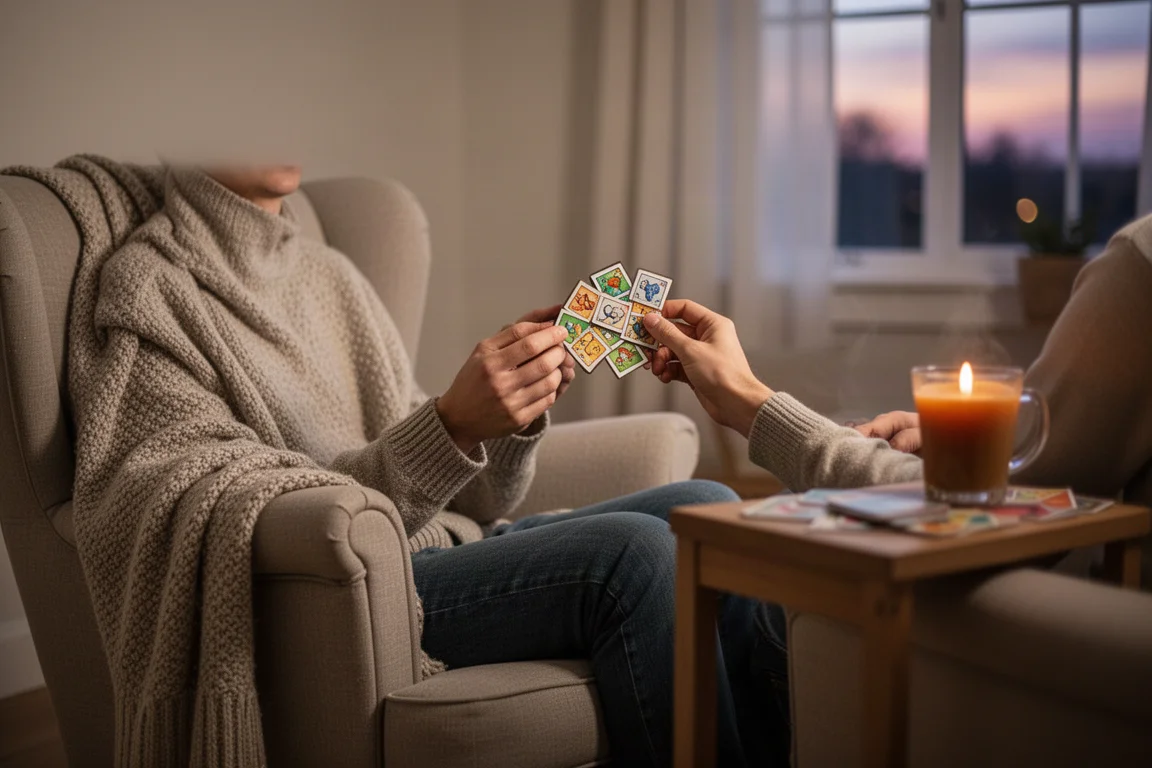 プレイヤーが居心地の良い椅子でリラックスし、近くにボードゲームと温かい飲み物を置いている様子