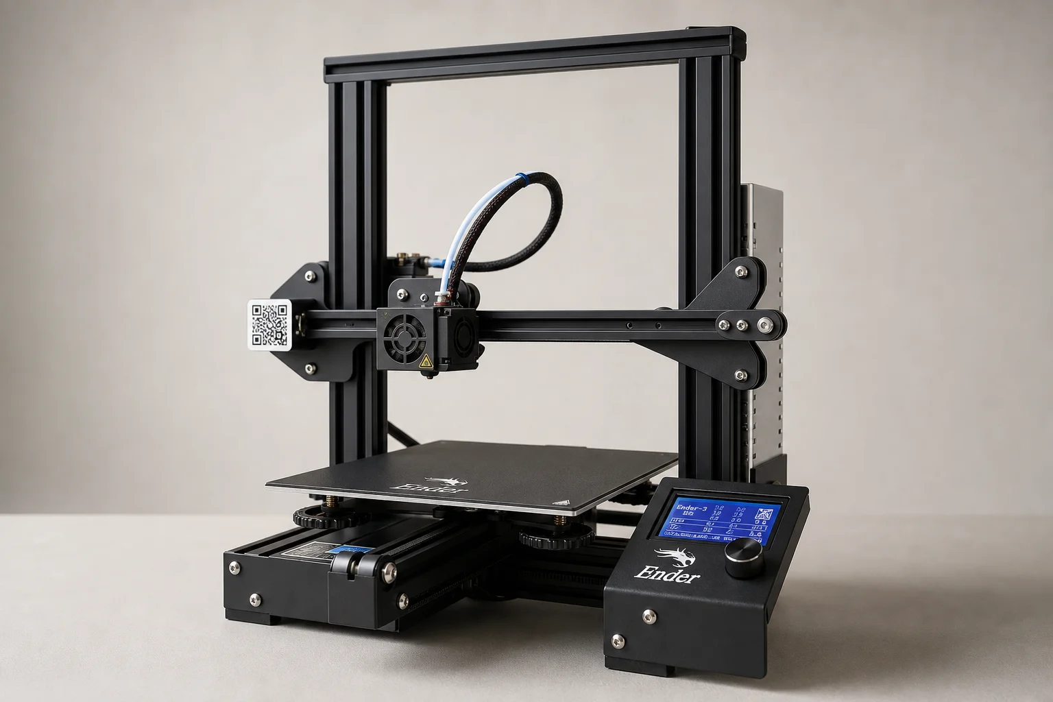Fünf kompakte Budget-3D-Drucker in verschiedenen Farben auf einer grauen Oberfläche angeordnet