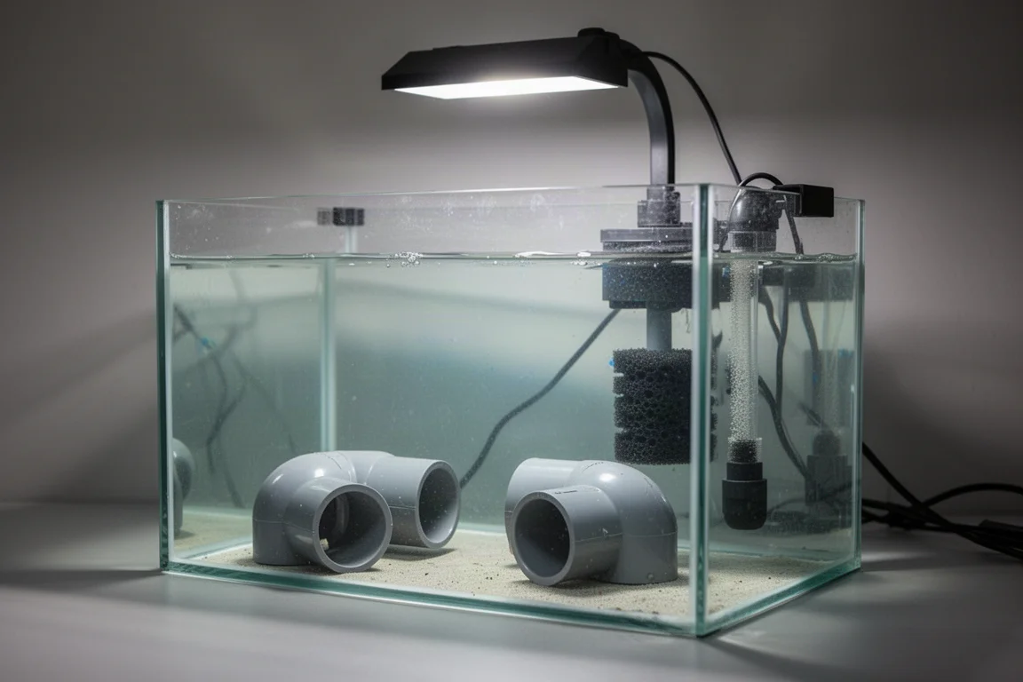 Quarantine aquarium with grey PVC hides and a sponge filter under soft overhead light