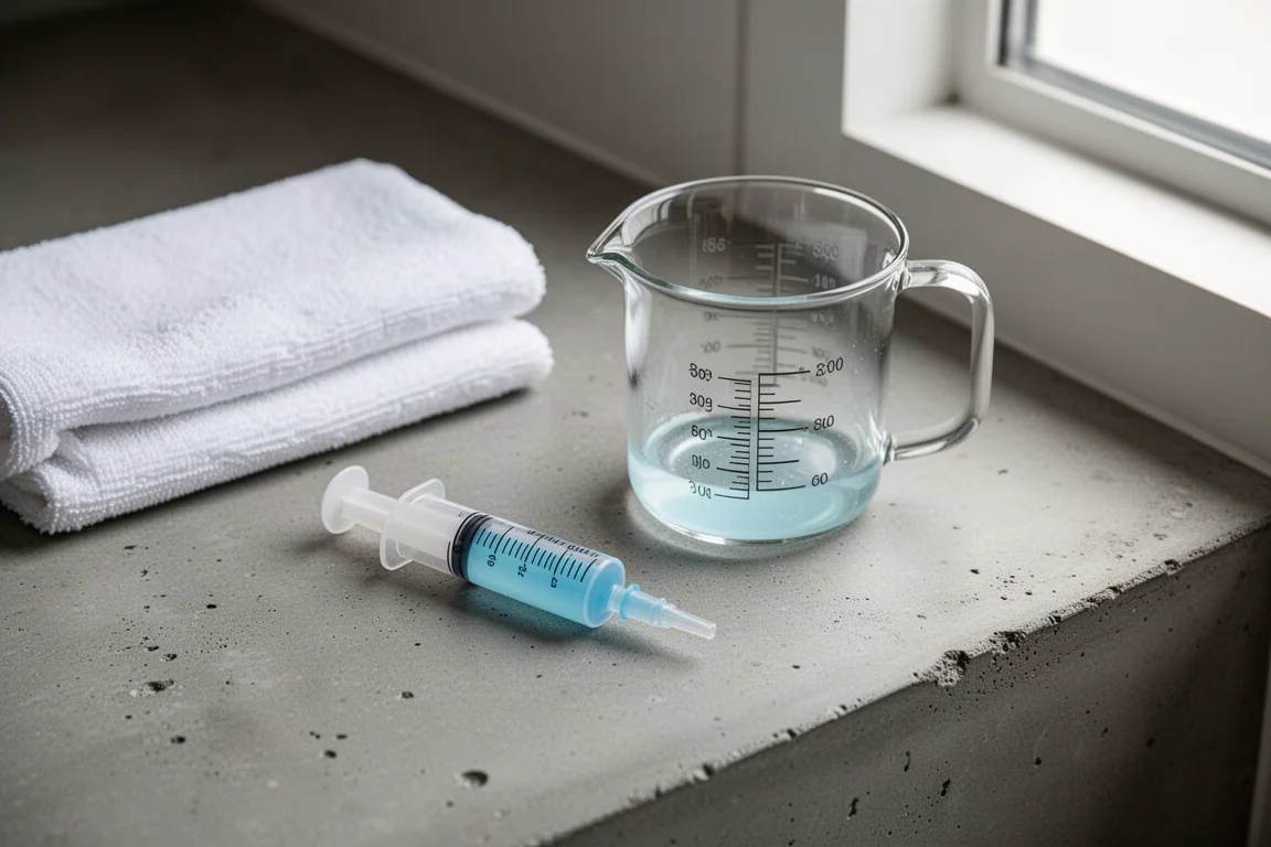 Dosing syringe and glass measuring cup with pale blue liquid on a concrete counter