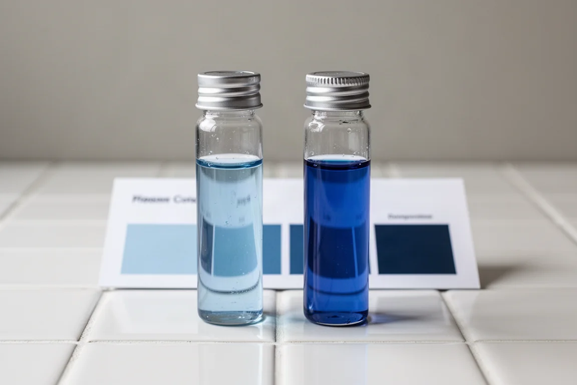 Two glass test vials showing different blue shades on a white tile surface