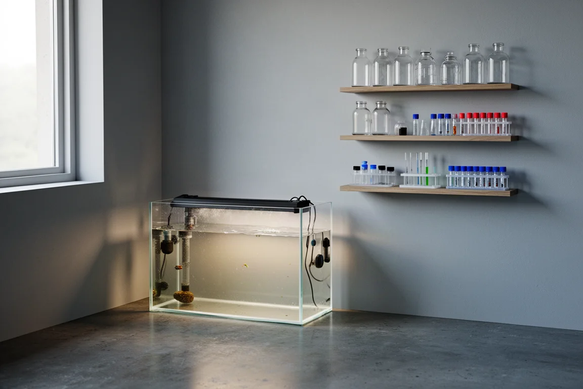 Home fish room corner with a softly lit quarantine tank and a shelf of glass bottles