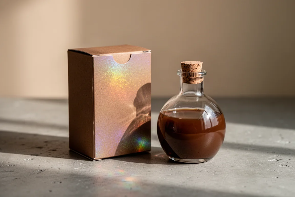 Brown holographic ink box beside a potion-shaped glass ink bottle on a desk