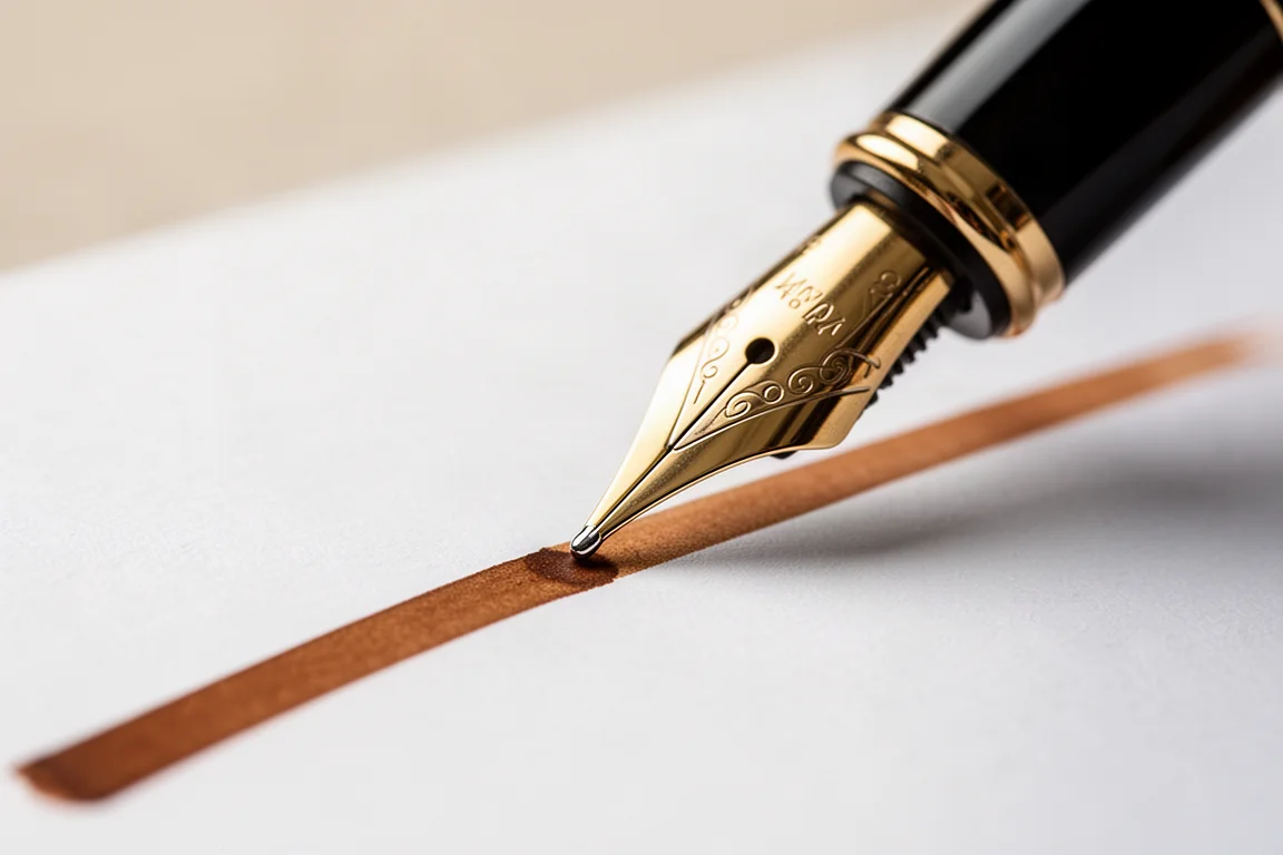 Fountain pen nib writing a brown ink sample on white paper