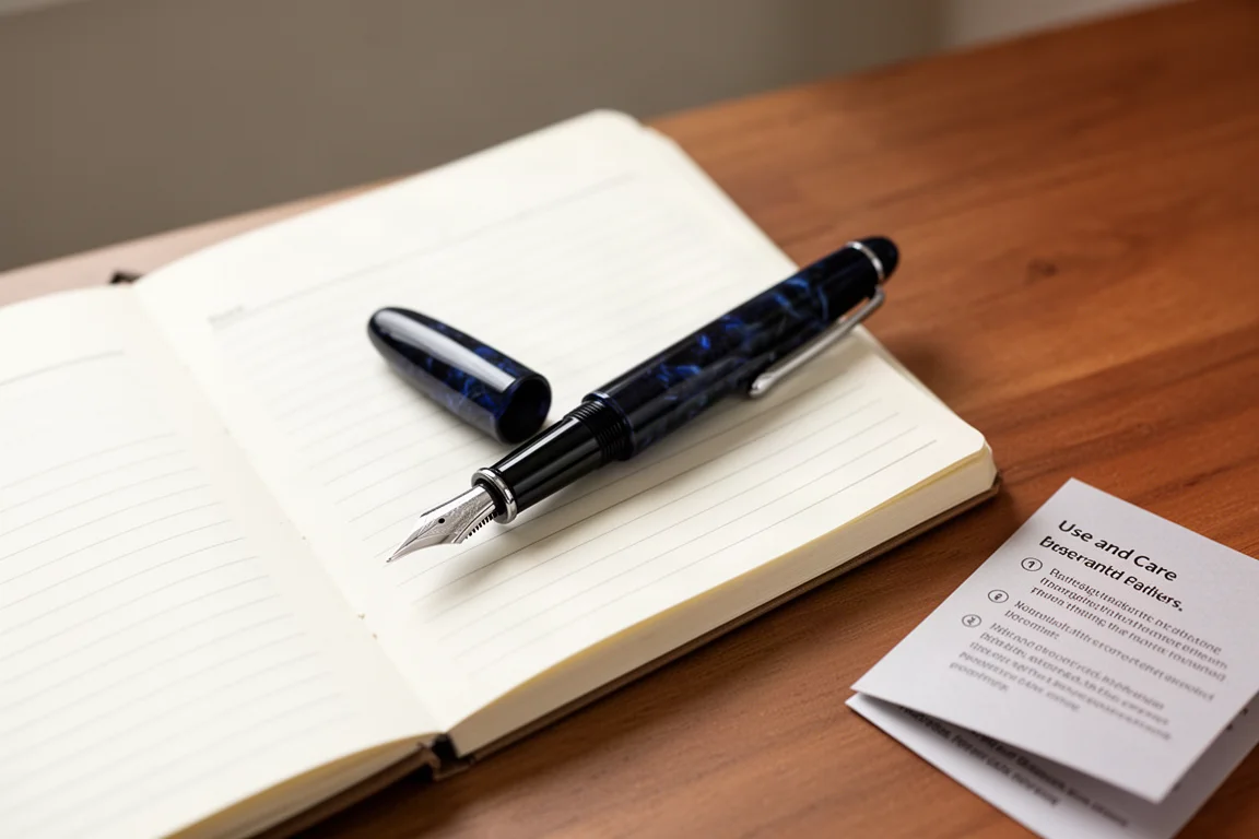Deep blue-black fountain pen uncapped beside a notebook on a wooden desk