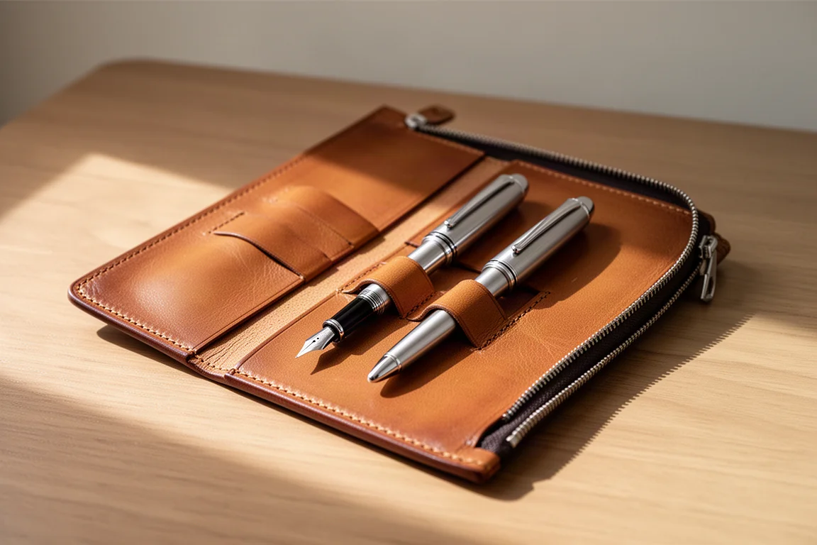 Leather pen case with adjustable slots holding fountain pens on a desk