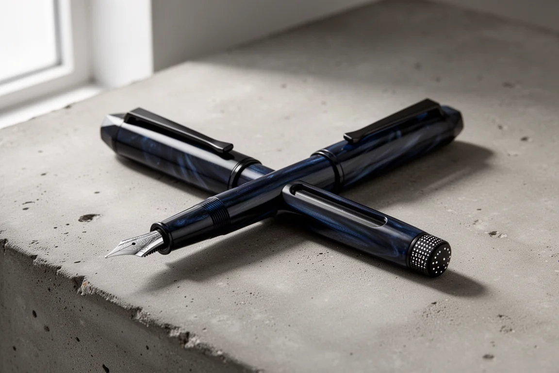 Deep blue-black fountain pen with ink window and tail knob on a concrete surface